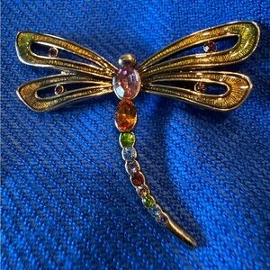 Vintage Monet Gold-Tone Dragonfly Brooch with Pink, Orange, Green Crystal Stones